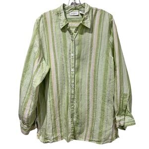 Studio Works Large 100% Linen Green Yellow Lavender Stripe Button Shirt R7